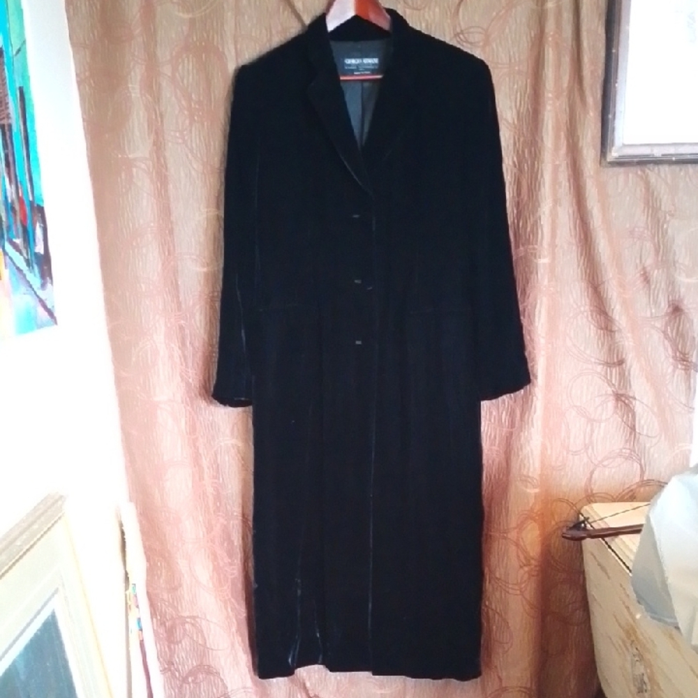 Giorgio Armani Black Velvet Long Trench Coat